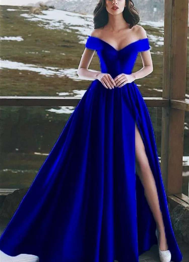 Robe de soirée en Satin bleu, épaules dénudées, longueur au sol, fente haute, Sexy, longue, robes de bal, robes formelles, fermeture éclair