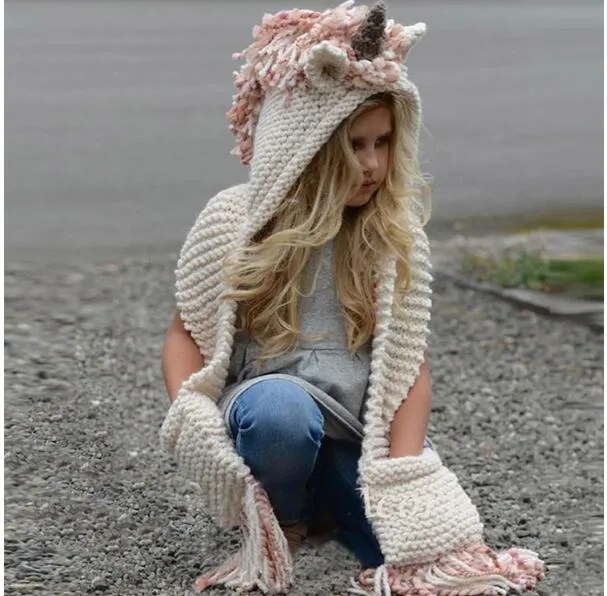 Barn Unicorn Scarf Cap 2 i 1 barn Spädbarn Varma stickade hattar varmare vinter beanie hatt tofsels lock