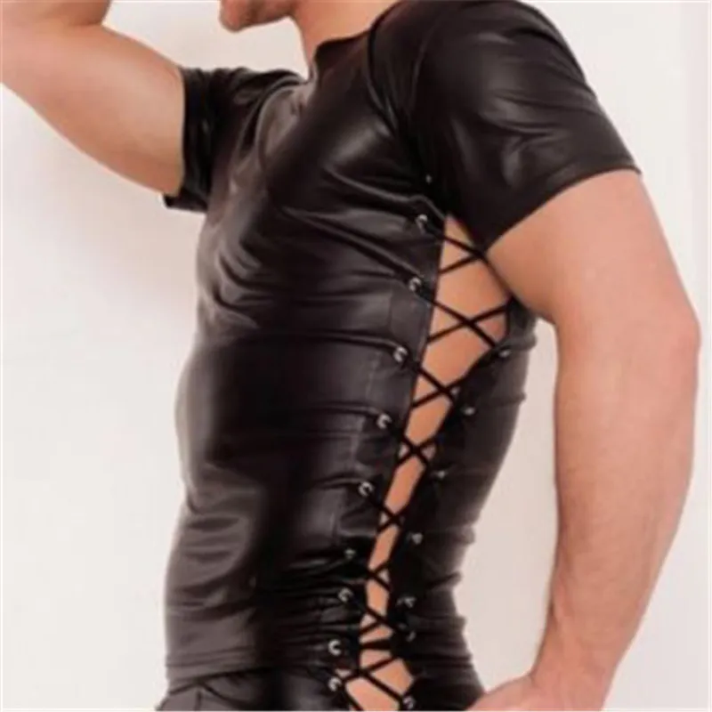 YUDEIDA nouveau T-Shirt Sexy pour hommes noir pansement en cuir sous-vêtements à manches courtes vêtements gays produit de sexe mode débardeur élastique V2303