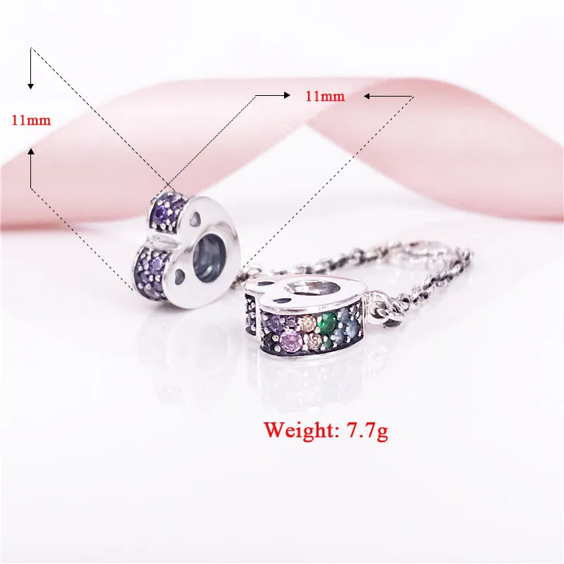 Multi-Color Arcs of Love Safety Ch Authentic 925 Sterling Silver Clear CZ Safty Chain Past Snake Armbanden DIY Fijne Sieraden 797021NRP Charm
