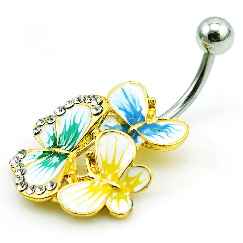 Mode Belly Button Rings rostfritt stål Skivstång White Rhinestone Multicolor Emamel Butterfly Navel Rings Body Piercing Jewelry2910035