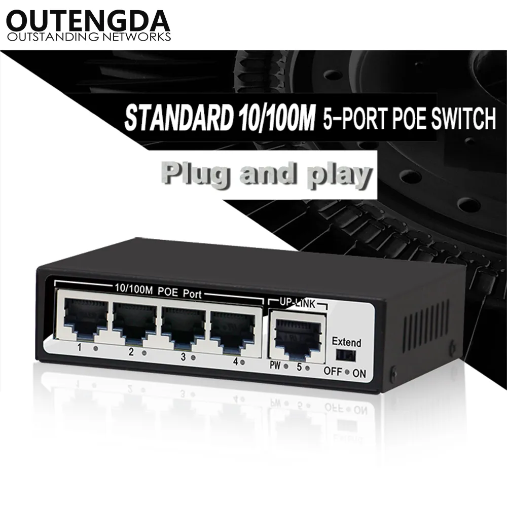 1+4 Port 10/100Mbps 48W Mini PoE Switch Power over Ethernet IEEE802.3af/at 48V PoE Switch for IP Cameras Wireless AP VoIP