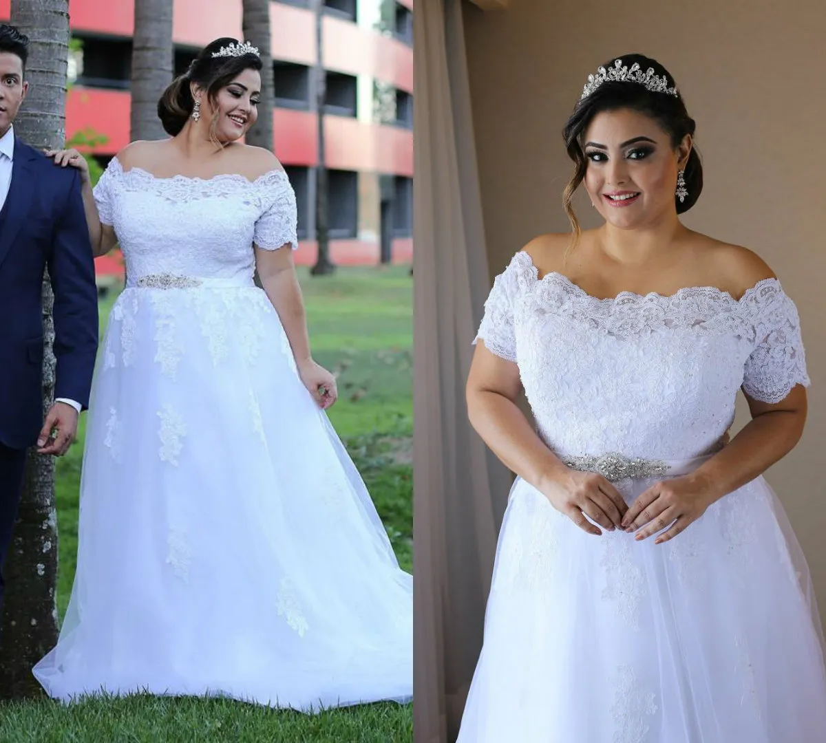 2019 A Line Plus Size Wedding Dresses With Belt Off The Shoulder Lace Appliques Short Sleeve Boho Bridal Gowns Floor Length Country Wedding