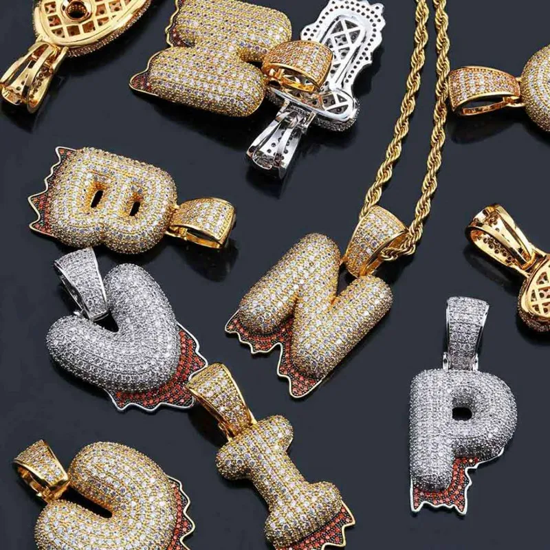 Ny mode trendig gul guld iced ut Micropave Zircon 26 Bubble Letters Rocky Alphabet Pendant Halsband för män