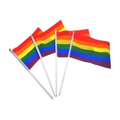 Rainbow Gay Pride Stick Flag 5x8 Inch Hand Mini Flag Waving Flags Handhammet med med Gold Top
