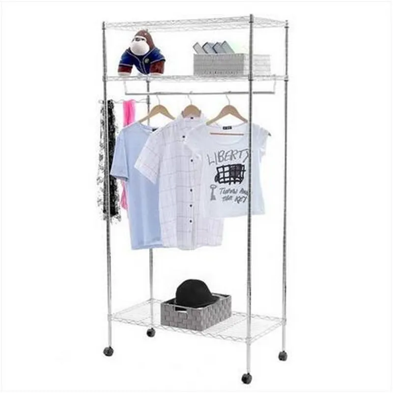 Groothandel 900x450xH1800 Dubbellaags Electroplate Coating Mesh Garment Rack Hanger Met Wielen Roterende Golfhaak Zilver