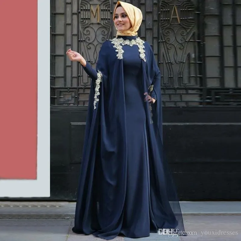 Generosos vestidos de noche árabes musulmanes de manga larga con apliques de cremallera en la espalda Vestidos Abaya Kaftan marroquí Vestidos de fiesta formales con Hijab