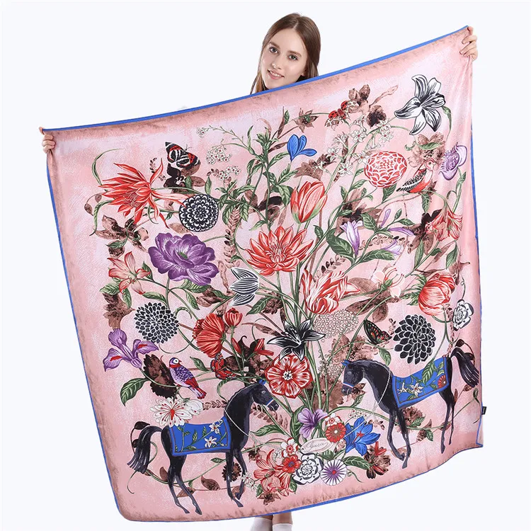 130 cm x 130 cm 100% Twill Silk Scarf Women Spanien Floral Horse Square Scarves Wraps Office Lady Neckerchief Female Fashion Accessories