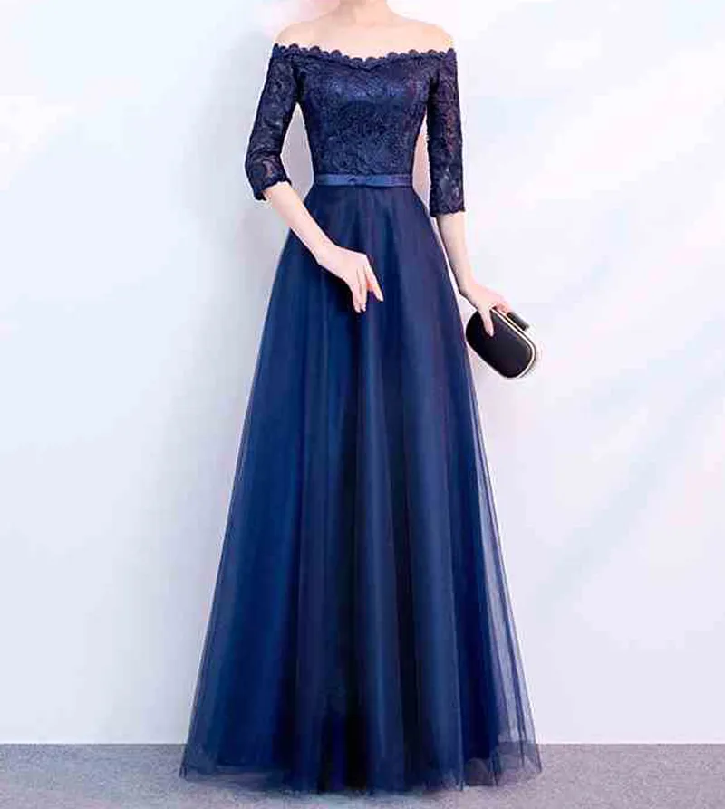 Elegant Navy Blue Aftonklänning Stroplösa Halv Ärmar Platser Tulle Lace Top Prom Klänningar Lace-up Zipper Back Plus Size Aftonklänningar