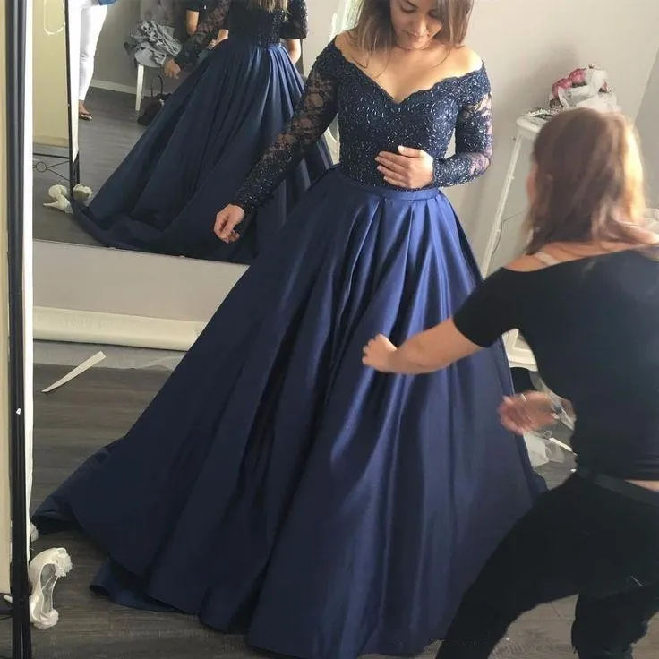 New Navy Blue Dresses Party Off Shoulder Long Sleeves Beaded Sequined Formal Evening Gowns Zipper Back Pageant Prom Dress