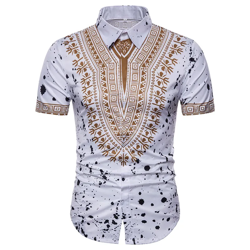 African Printed White Black Shirt Men New Slim Fit Short Sleeve