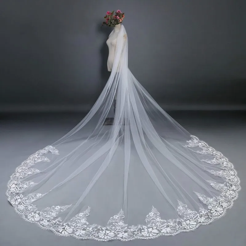 2018 Veu De Noiva Applique in pizzo a due strati Velo da sposa lungo 3 m Immagine reale Cattedrale Velo da sposa con pettine Velos De Novia