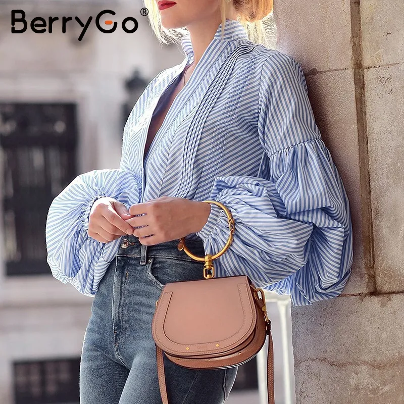 BerryGo Camisa de blusa a cuadros con manga de soplo vintage Causal blusas mujer de