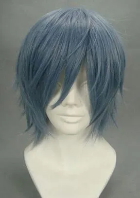 Wig Cosplay Женский короткий темно -синий парики волос 32 см.