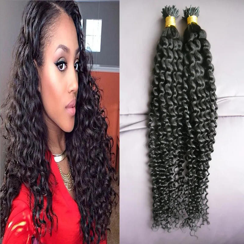 200g #1 Jet black Remy I Tip Keratin Hair Extension kinky curly Pre Bonded Hair On Capsules Hot Fusion Hair 1g/strand