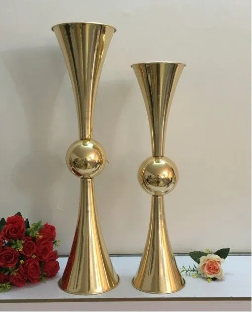 Bougeoir en métal doré de 74cm de hauteur, support de bougie, pièce maîtresse de mariage, vase à fleurs en plomb de route, 10 pièces/lot