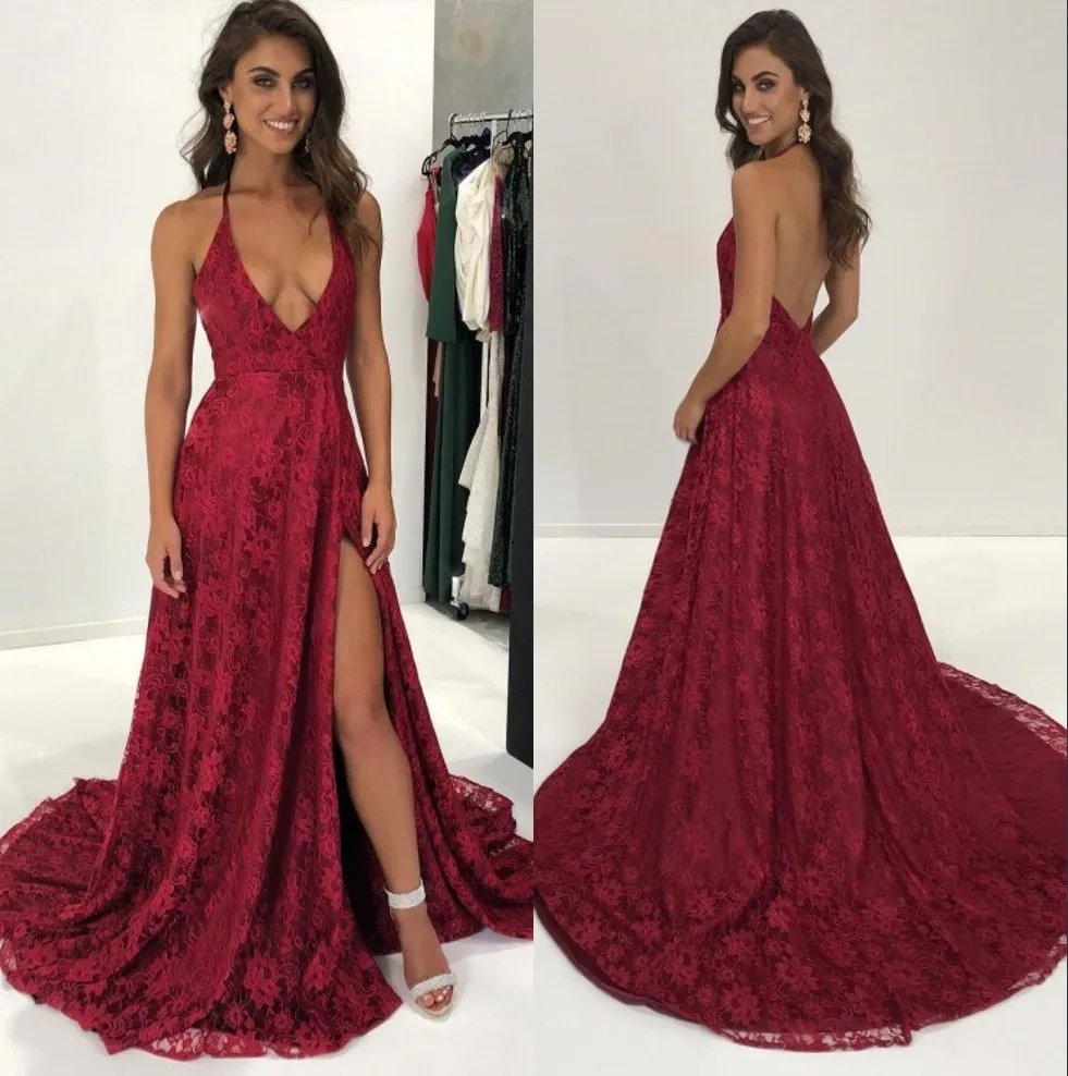 Bourgondië backless prom jurken diep v nek een lijnzijde split avondjurken vestidos de fiesta sweep trein formele jurk