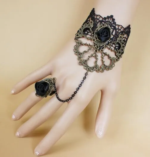 hot new Black lace goth vampire rose bracelet with ring in one chain fashion classic delicate elegance