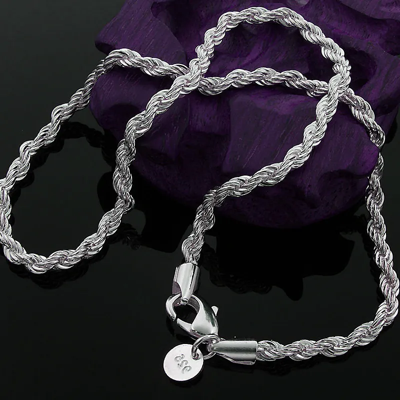 16-30 cali 2MM 925 sterling silver skręcona lina naszyjnik łańcuch dla kobiet mężczyzn moda DIY biżuteria luzem