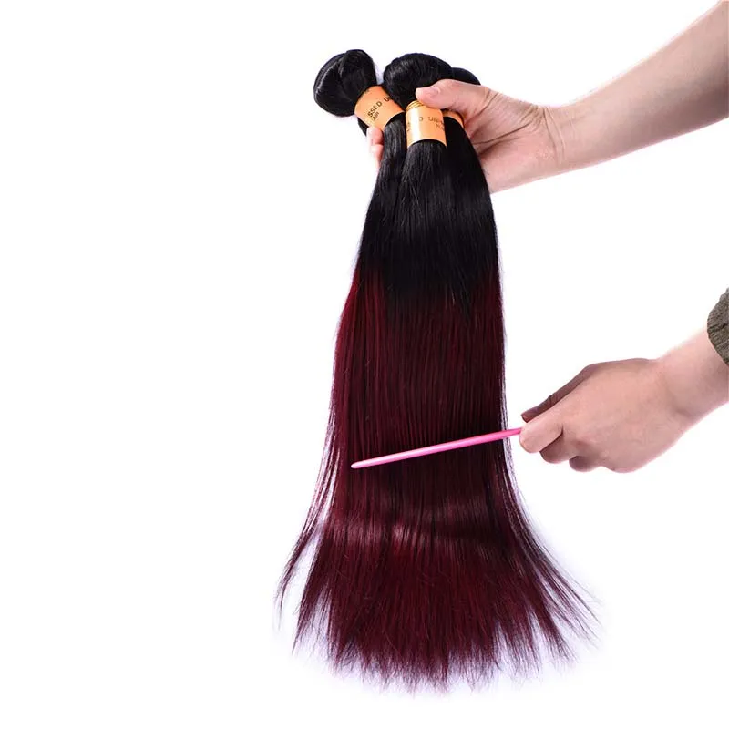 Feixes de cabelo humano brasileiro ombre bordô com fecho colorido 1B/99J extensões de cabelo virgem liso brasileiro com fecho de renda