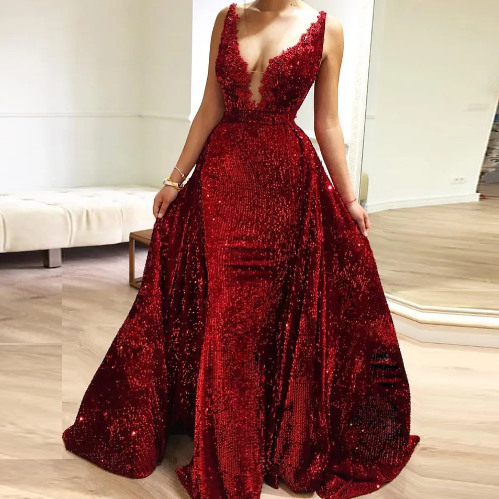 Sexy Sparkly Sequined Prom Dresses Deep V-Neck Appliques Sleeveless Mermaid Party Dress Glamorous Stylish Saudi Evening Dress With Overskirt