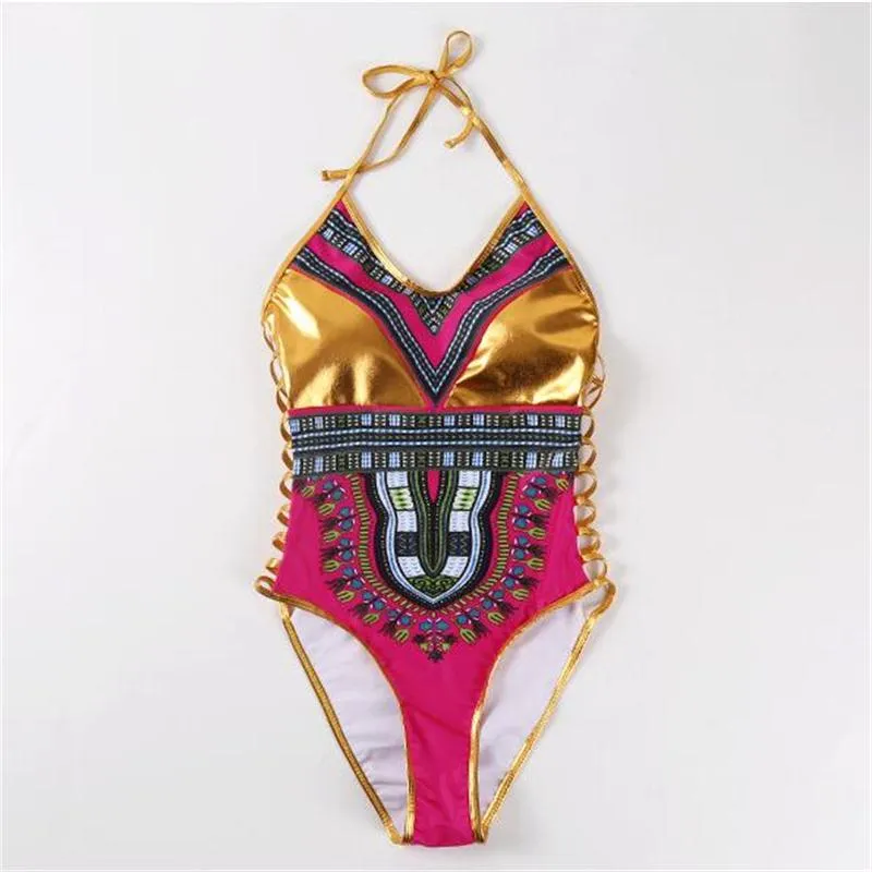 Mulheres Swimwear Europa US Tendência colorido ouro patchwork vermelho Bronzing Imprimir um pedaço swimwear Sexy meninas Noble charme fita Elasticidade