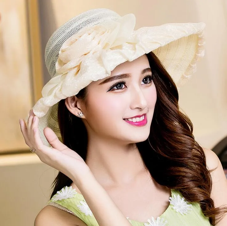 Summer lady wide brim hats women with lace rose beach hats girl sun protection hat nice wedding supplies free ship