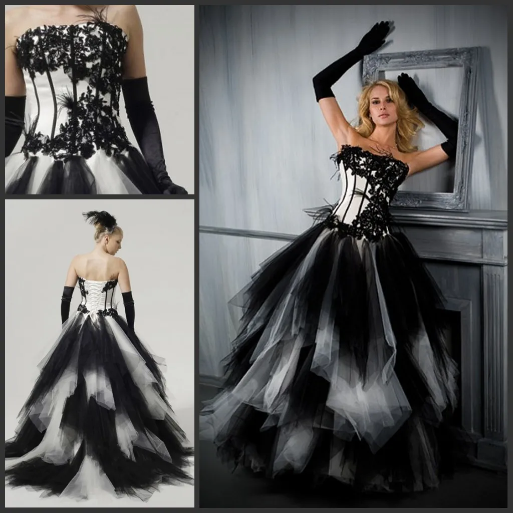 Vintage noir et blanc gothique robe de bal robes de mariée bustier Corset Top dentelle Applique Tull jupe robes de mariée
