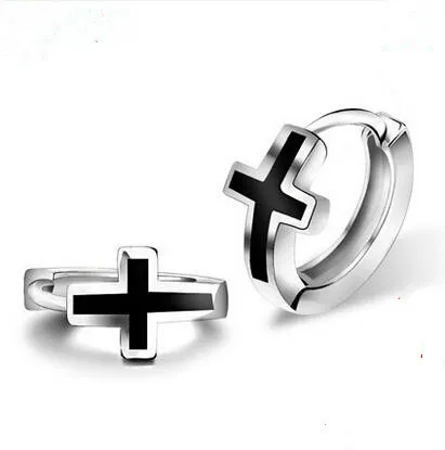 Śruba Back Cross Kolczyki 925 Silver Black Crosses Ear Studs dla Biker Mężczyźni Cool Stud Brincos