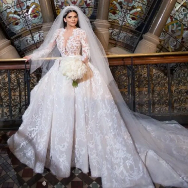Glamorous Full Lace Wedding Dresses Sheer Jewel Neck Long Sleeves