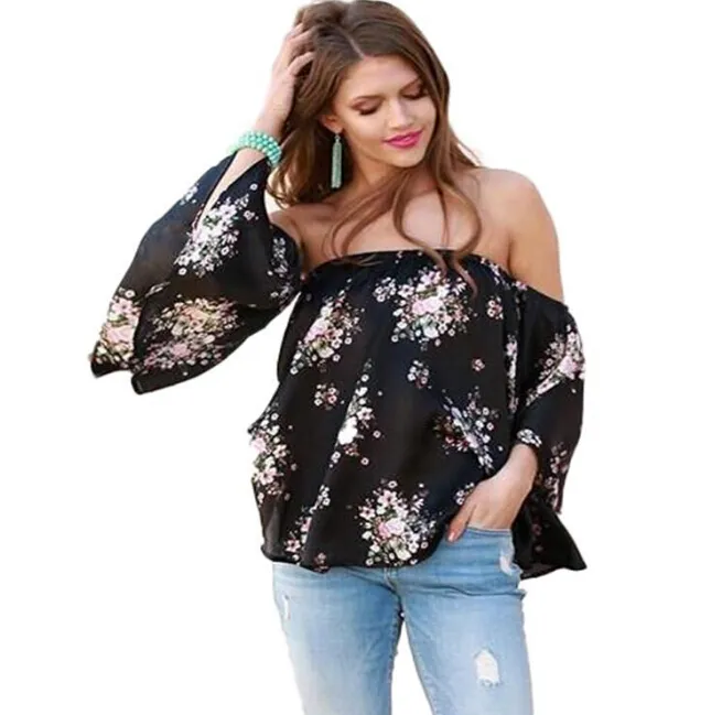 Women's T-Shirt Fashion Women Floral Blouse Summer Tops Long Sleeve Off Shoulder Shirt Loose Casual Clothes Maternity