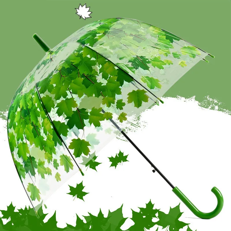 Kvinna paraply färskt pvc transparent svamp gröna blad arch paraply barn långt paraply / regn paraply