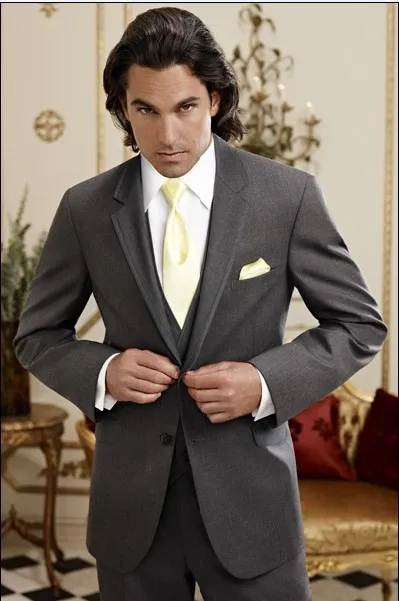 New Arrivals Two Button Dark Grey Groom Tuxedos Groomsmen Notch Lapel Best Man Blazer Mens Wedding Suits (Jacket+Pants+Vest+Tie) H:899