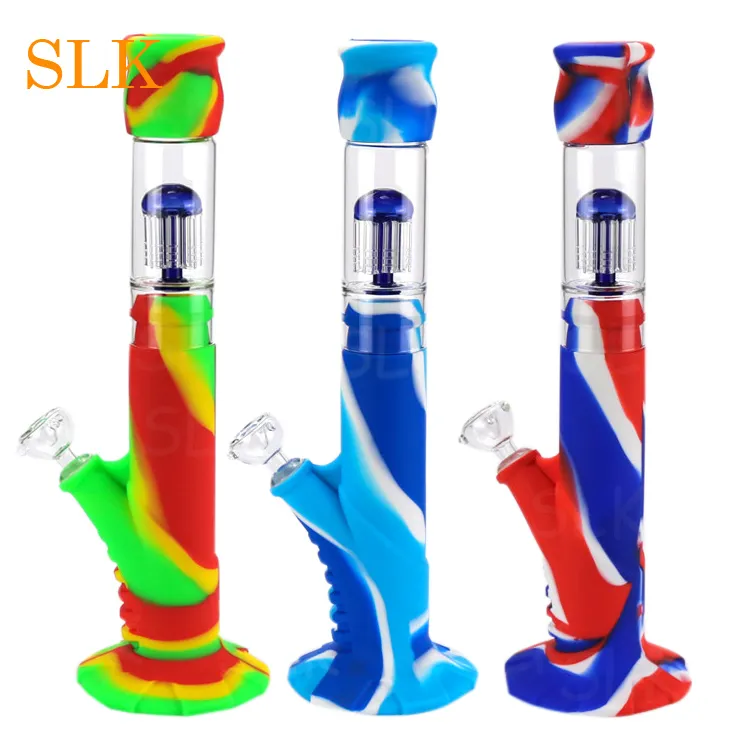 White blue purple straight tube bong hookah 18 inch silicon bongs water pipes with glass down stem cool oil dab rig for smoking
