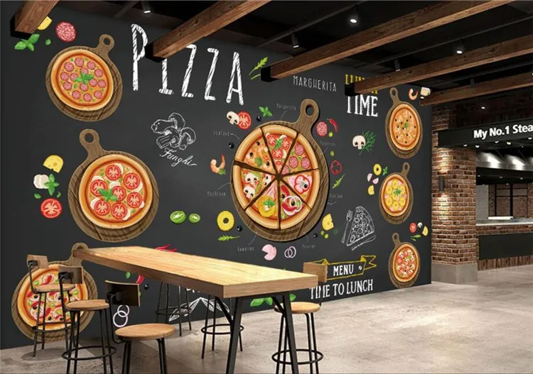 Carta da parati personalizzata del ristorante, pizza deliziosa del fumetto dipinto a mano, murali 3D la carta da parati del PVC della parete del fondo del ristorante del caffè