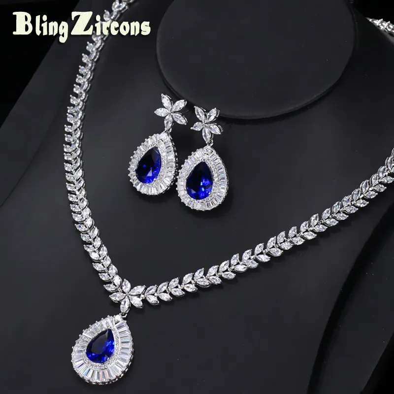 Hela Saleblingzircons Brand New Big Water Drop Royal Blue Zirconia Sten Örhängen Halsband Brud Bröllop Smycken Satser för Kvinnor JS032