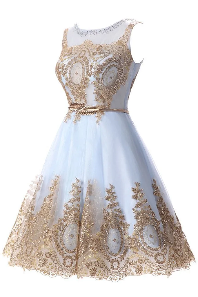 2019 Short Homecoming Graduation Dresses Gold Lace Black Jewel Neck With Belt Short Prom Evening Gown