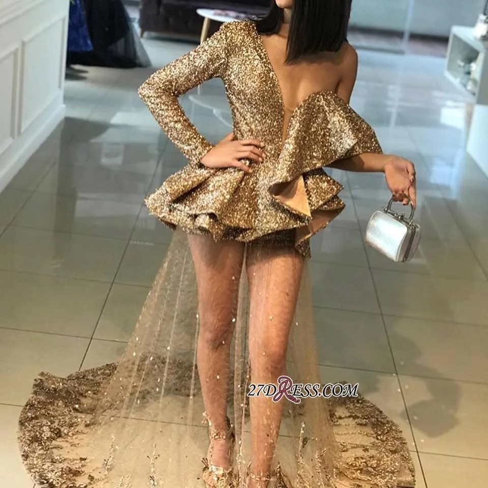 Guld Sparkly Sequined Formal Evening Party Dresses 2019 Ny Deep V Neck Sexig One Shoulder Långärmad Prom Klänningar Tulle Klänningar BA9830