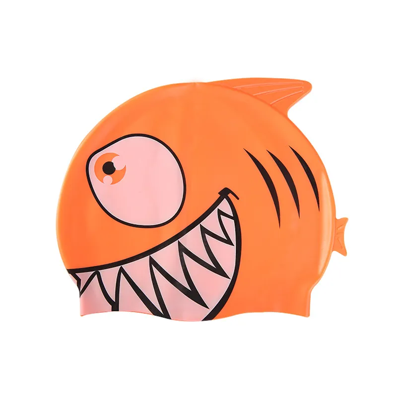 2018新しい子供の水泳帽の漫画の魚のシリコン防水耳のサメの形の水泳プールの帽子子供キャップ