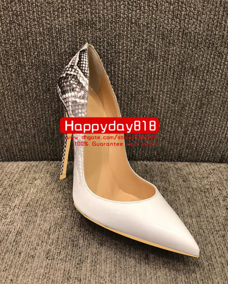 Designer Casual Sexy Lady Moda Mulheres Vestido Sapatos Branco Pitão Python Patent Leather Ponty Toe Stiletto Stripper Saltos Altos Prom Noite Bombas Grande Tamanho Grande 44 12cm