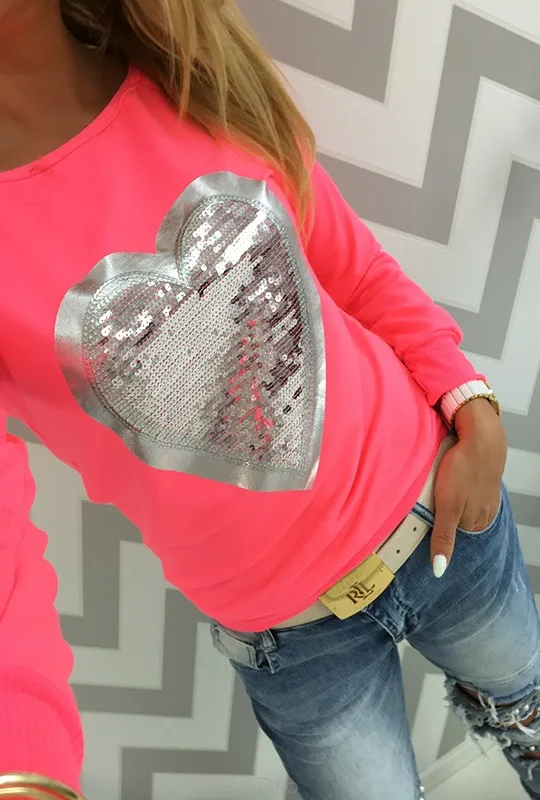 Señora Italy sudadera suéter camisa lentejuelas corazón metalizado gris S/M/L 
