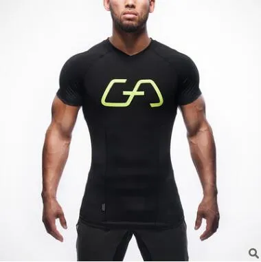 Mens sommar gym fitness bodybuilding t-shirt crossfit muskel manliga korta ärmar slim passform elasticitet skjortor snabba torra toppar