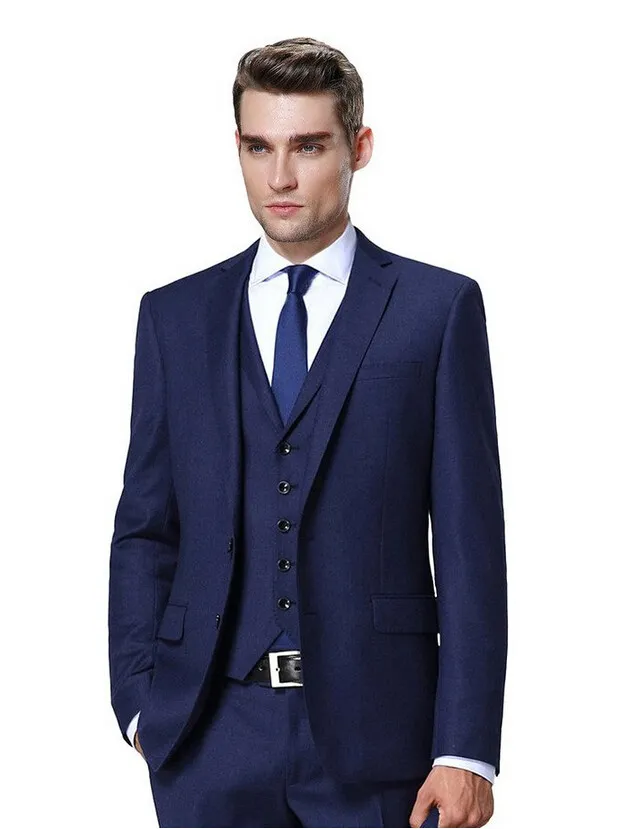 LacivertÜç Adet Damat Smokin Notch Yaka Iki Düğme Adam Düğün Suit Mükemmel Erkekler Iş Yemeği Balo Blazer (Ceket + Pantolon + Kravat + Yelek) 5