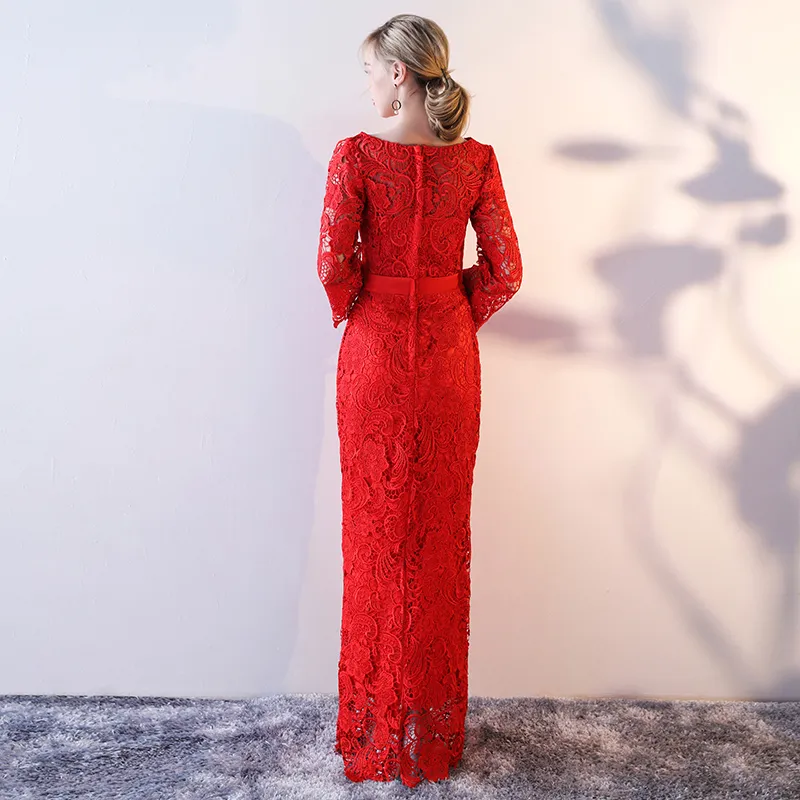 Abiti la madre della sposa in pizzo lunghi fino al pavimento Maniche a tre quarti Autunno Inverno Abito lungo elegante da festa Cerniera sul retro Rosso, Nero, Blu