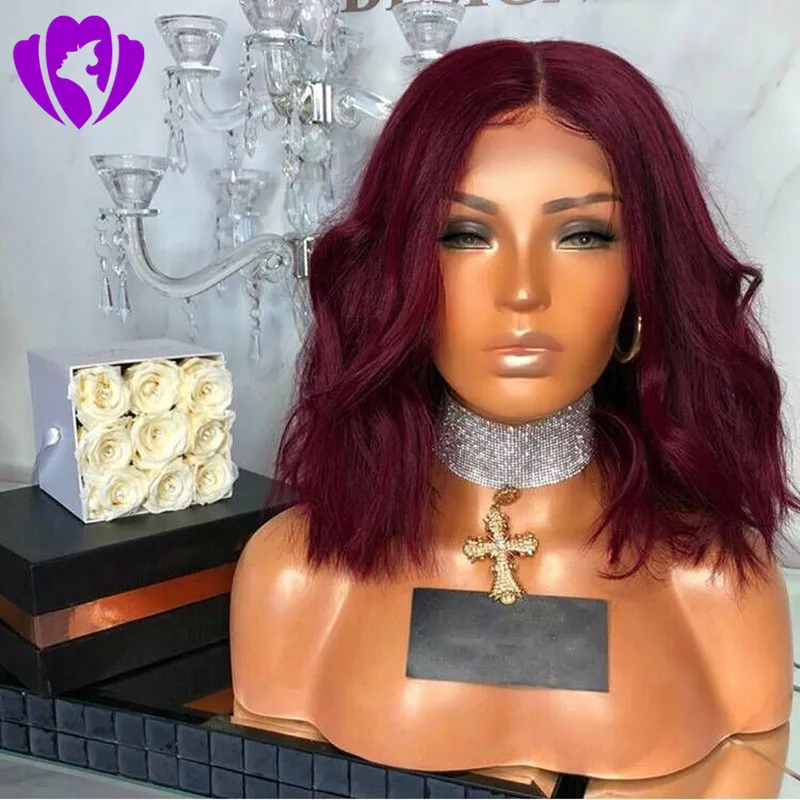 Middle Part Glueless burgundy color Lace Front bob Wig with baby hair Heat Resistant Short Synthetic Wigs For Women
