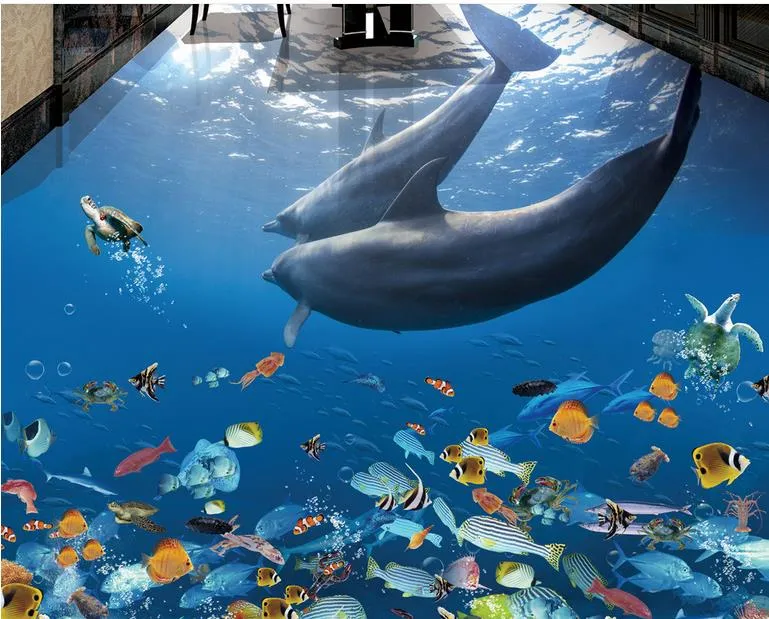 PVC auto-adesivo Pavimento Soalho de casa de banho pintura piso de ladrilho Dolphin Underwater World 3D tridimensional bonito