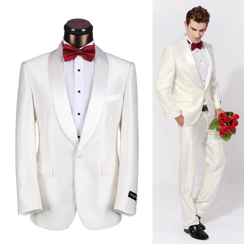 Marfil Esmoquin de boda Traje de novio Traje de negocios para hombre Chaqueta + Pantalones + Arco Trajes de padrino de boda Trajes nuevos Trajes por encargo Fiesta de graduación 12