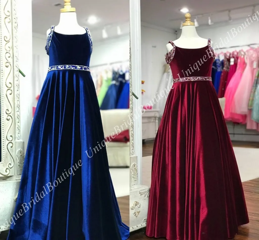 ベルベットの女の子のページェントのドレス2019 Real Photos Burgundy Royal Blue Kidsフォーマルイベントパーティーガウンビーズストラップストラップの床の長さ安い