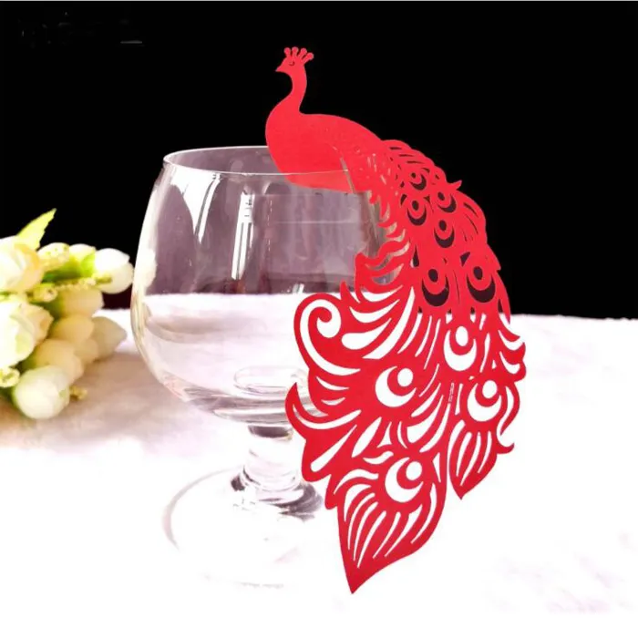 Peacock Laser Cut Wine Glass Card Name Place Escort Cup Cards Wedding Baby Shower Urodziny Dekoracje świąteczne