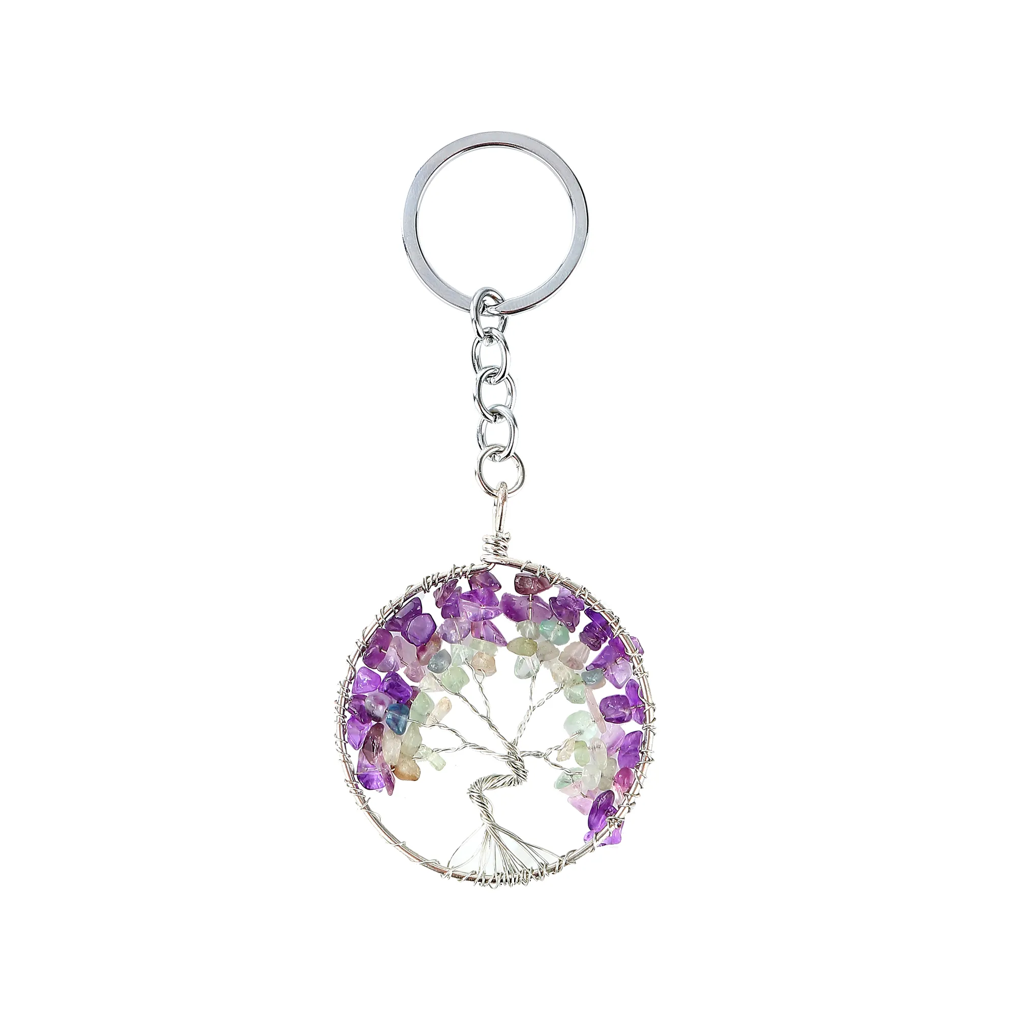 Qimoshi Tree of Life Keychain Natural Crystal Stone Handgjorda DIY Keychain Amethyst Charm Hänge Halsband Billiga Partihandel